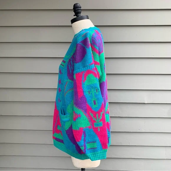 Vintage 80s People Faces Multicolor Kitschy Novelty AOP Sweater - Picture 14 of 16